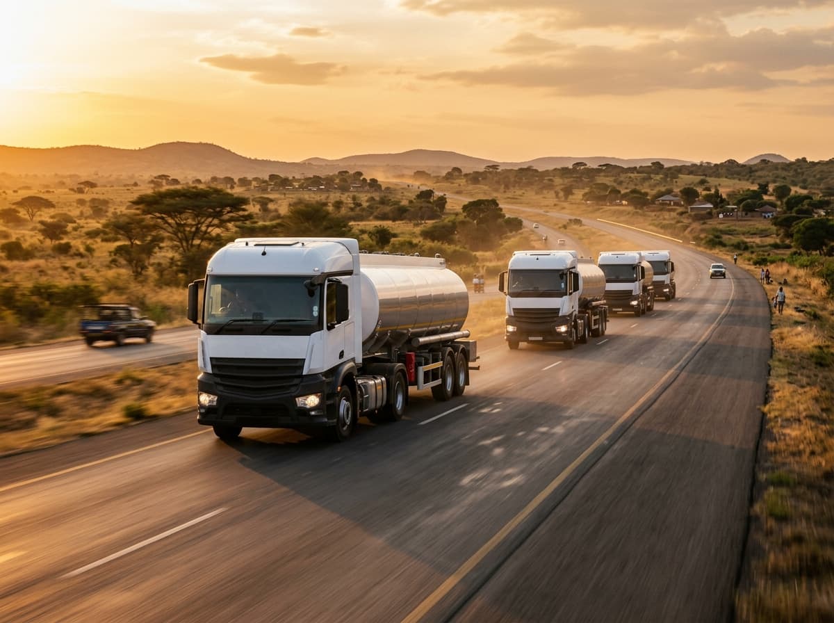 Fuel tanker trucks on the highway at sunset